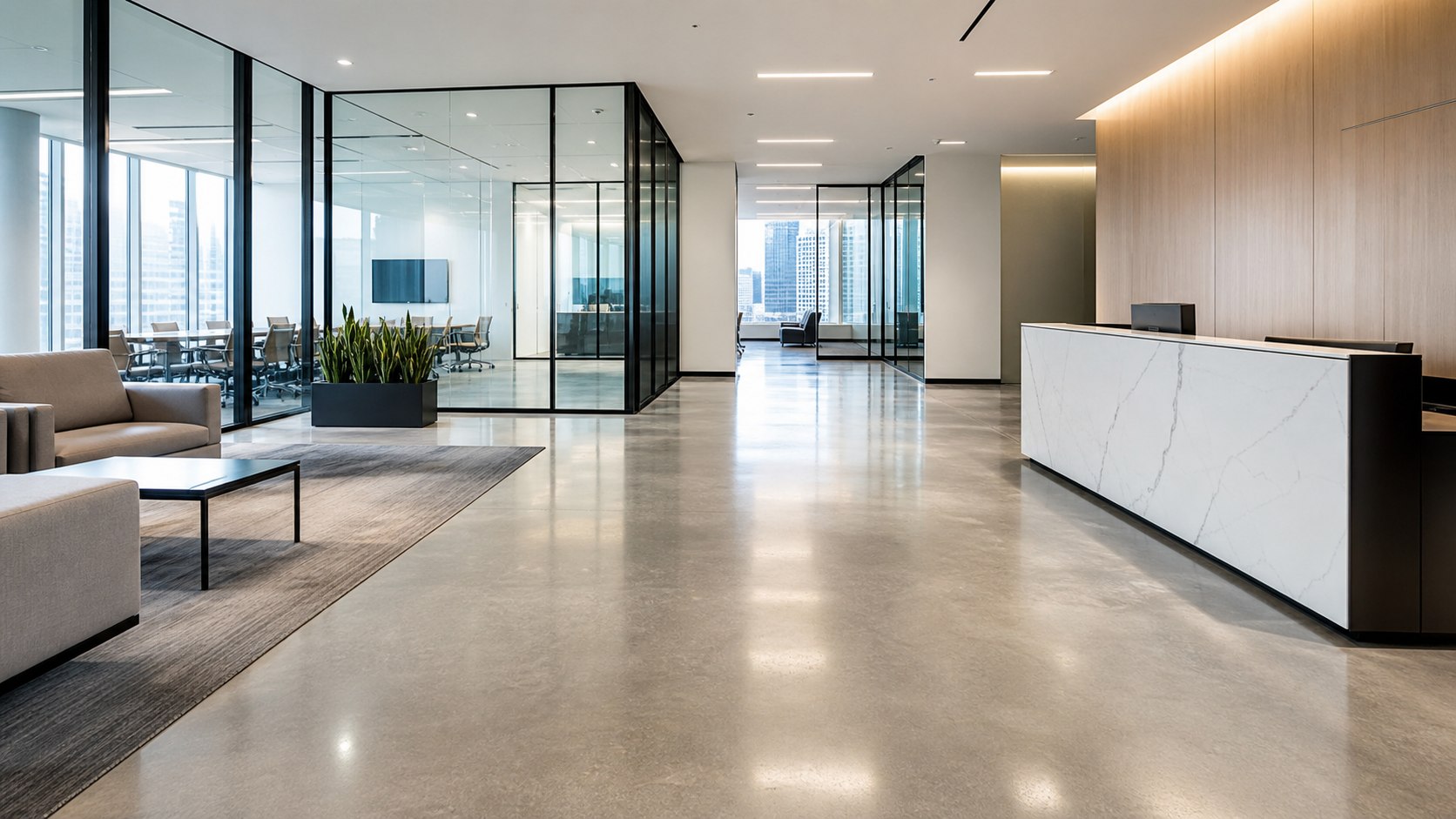 Spotless corporate office lobby following a professional commercial cleaning service in Houston, Texas