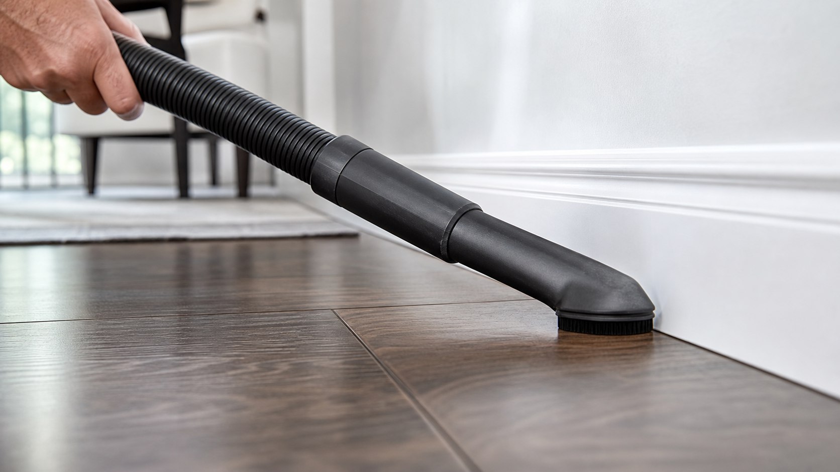 Technician using a commercial HEPA vacuum along baseboards for meticulous allergen extraction