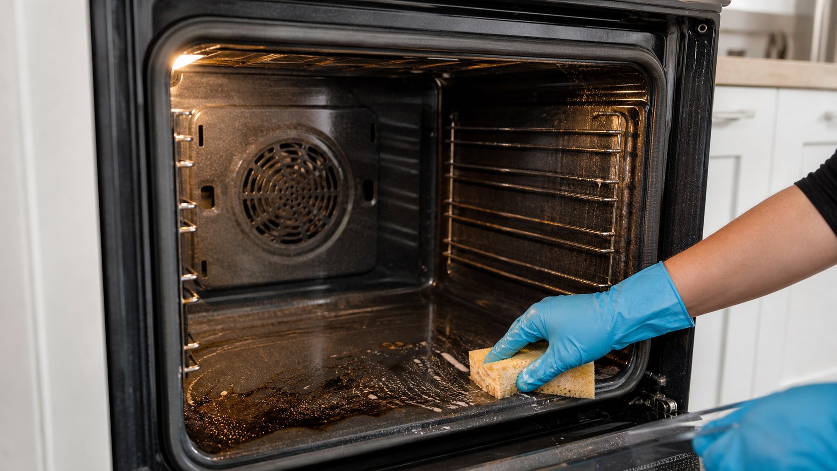 Deep cleaning the interior of a kitchen oven during a professional move-out cleaning