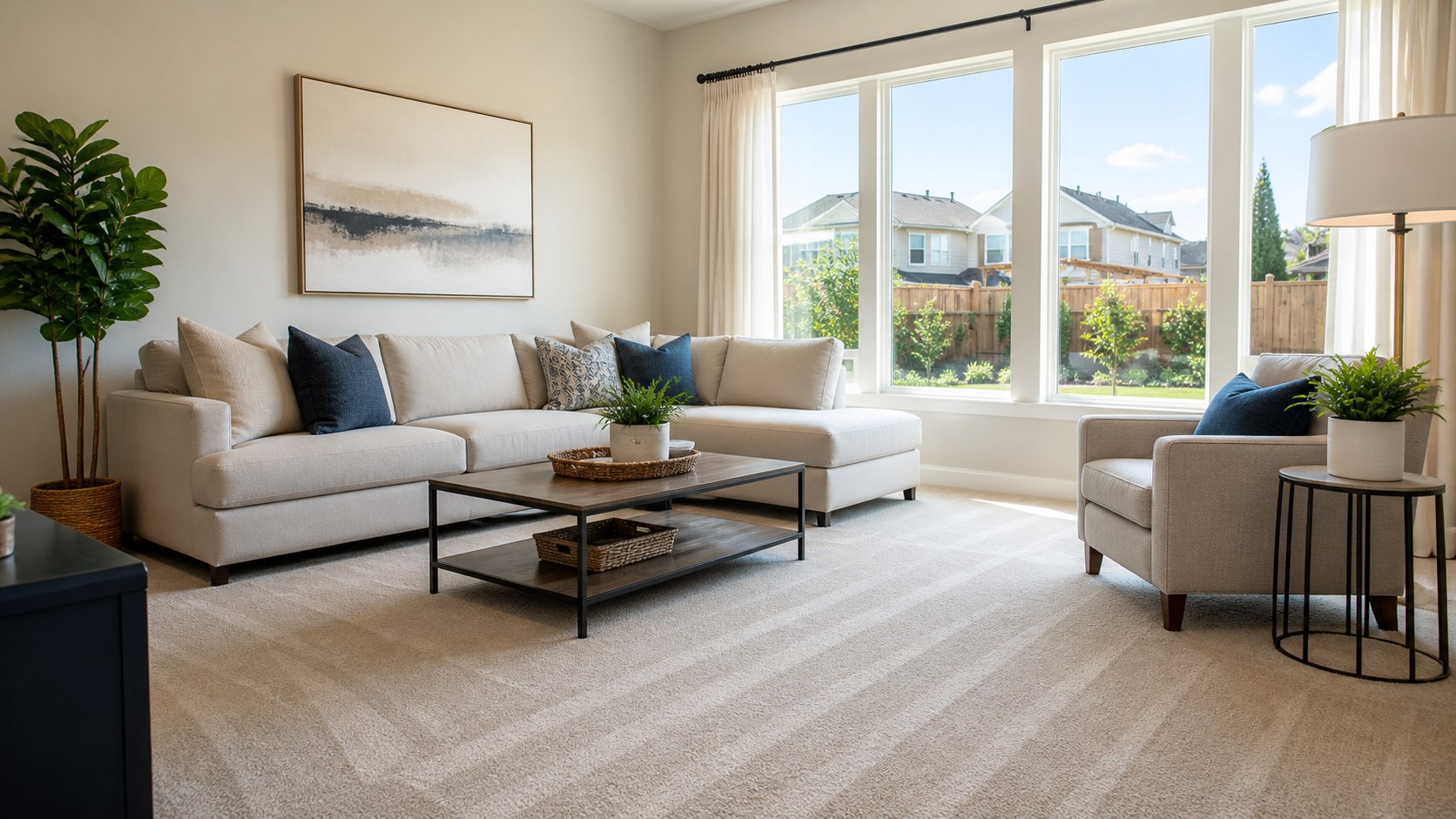 Spotless residential living room after a professional recurring cleaning service visit in Houston, Texas