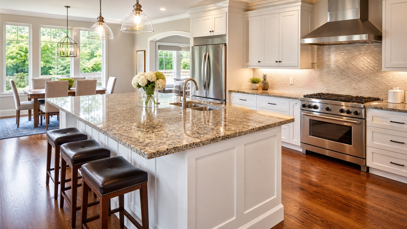 Immaculately cleaned kitchen counters and floors following a standard maid service in Houston, Texas.