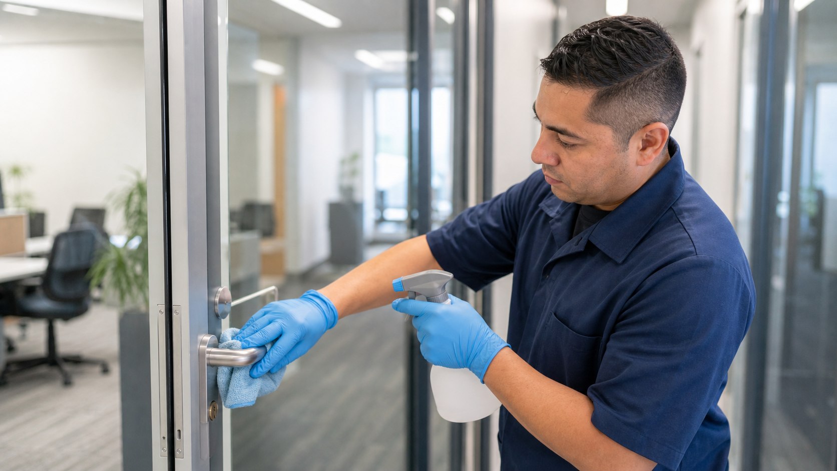 Professional janitorial service provider sanitizing corporate office door handles