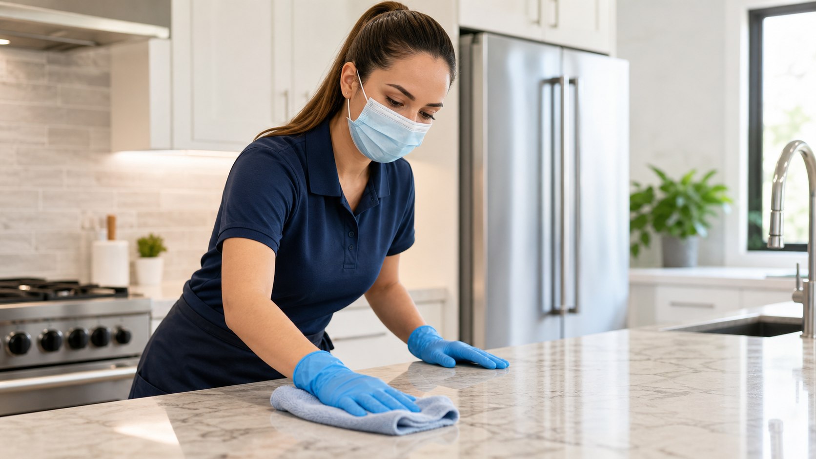 Maid wiping down polished kitchen surfaces during a regular home cleaning check
