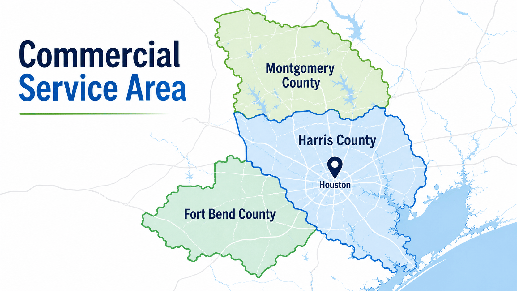 Tri-county commercial service area map for Maid Nice Cleaning covering Harris, Montgomery, and Fort Bend