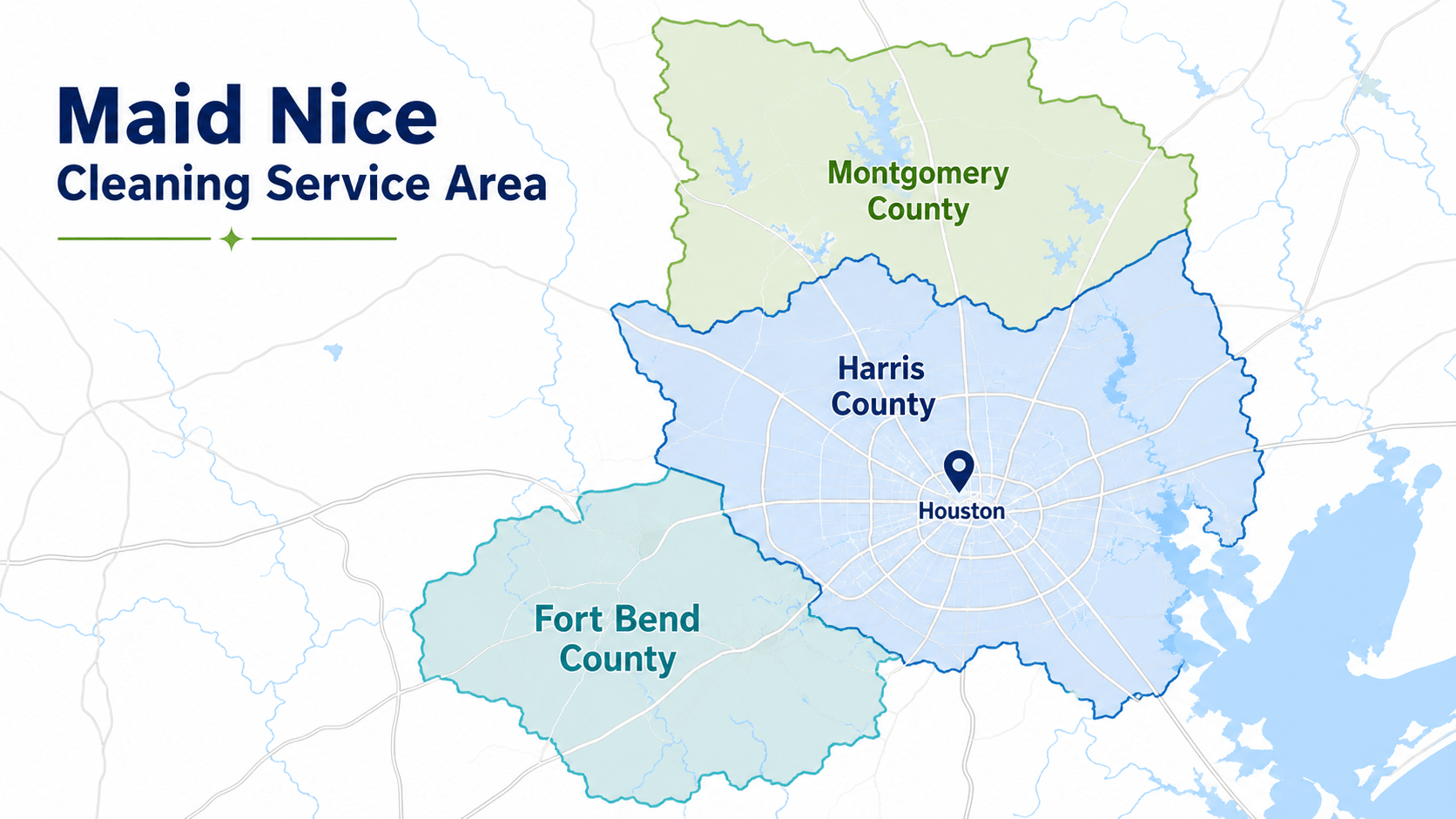 Tri-county regional service map showing cleaning coverage in Harris, Montgomery, and Fort Bend
