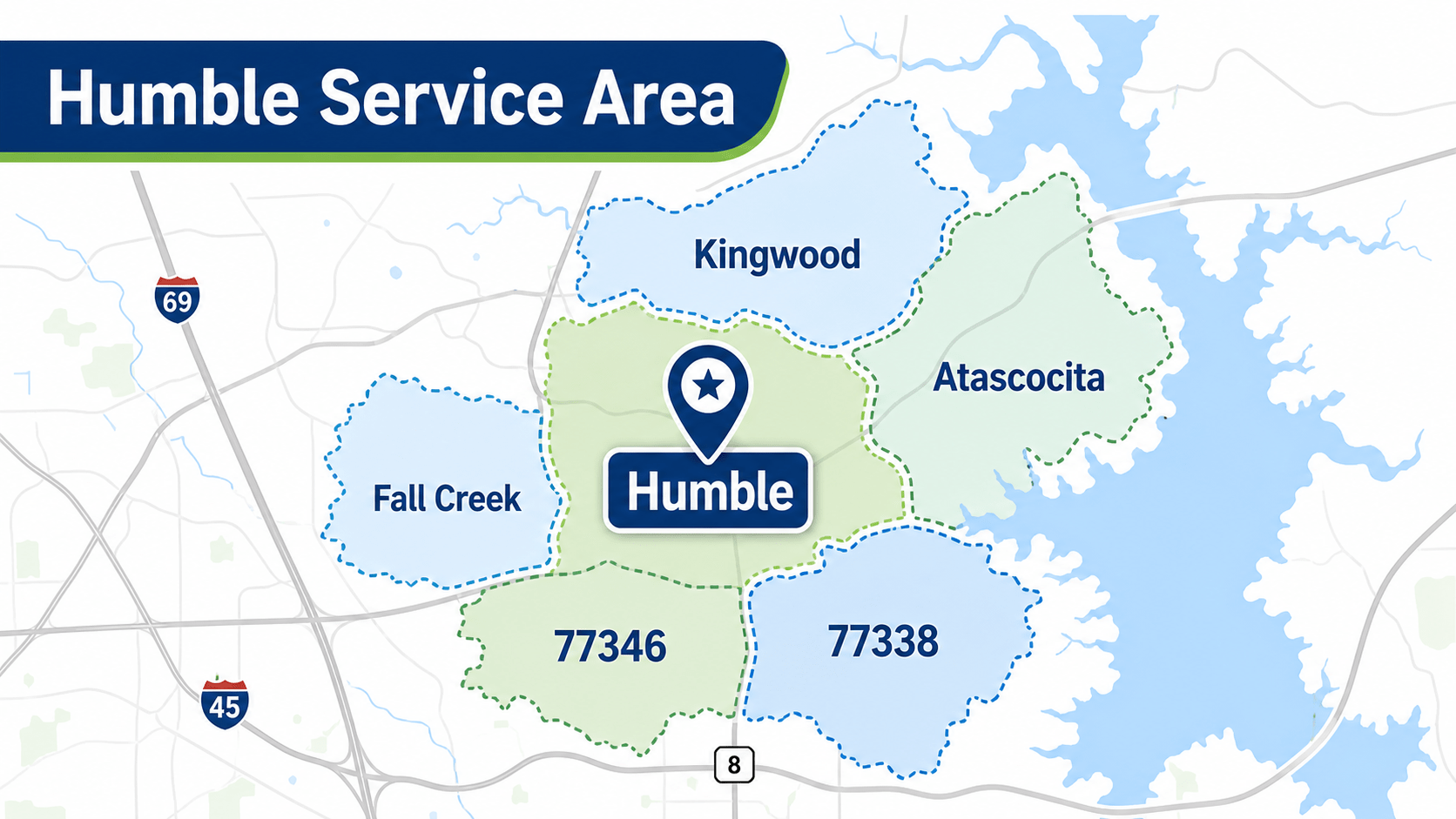 Maid Nice Cleaning service area map for Humble TX neighborhoods including Atascocita and Kingwood
