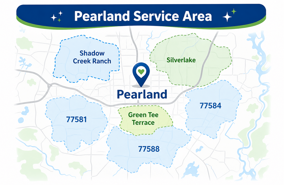Maid Nice Cleaning service area map for Pearland TX neighborhoods including Shadow Creek Ranch and Silverlake