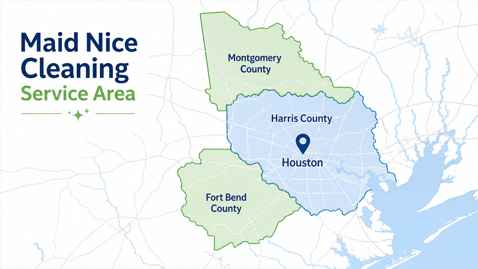 Geographic service area map for Maid Nice Cleaning covering Harris, Montgomery, and Fort Bend counties.