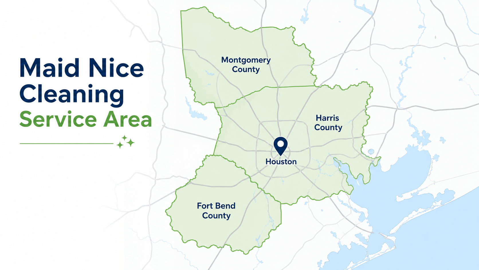 Regional service area map covering Harris, Montgomery, and Fort Bend counties for Maid Nice Cleaning