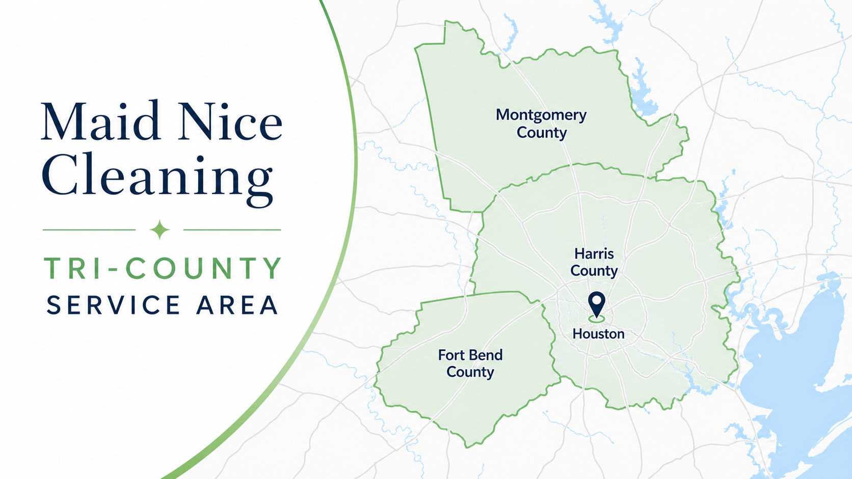 Service area map for Maid Nice Cleaning covering Harris, Montgomery, and Fort Bend counties