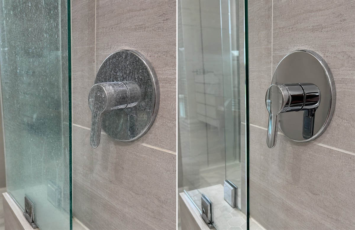 Before and after deep house cleaning services removing hard water buildup in Pearland TX