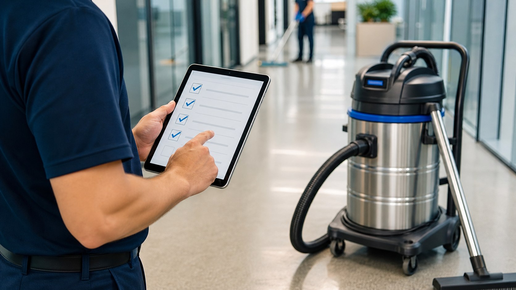 Commercial cleaning manager reviewing the quality checklist inside a corporate facility