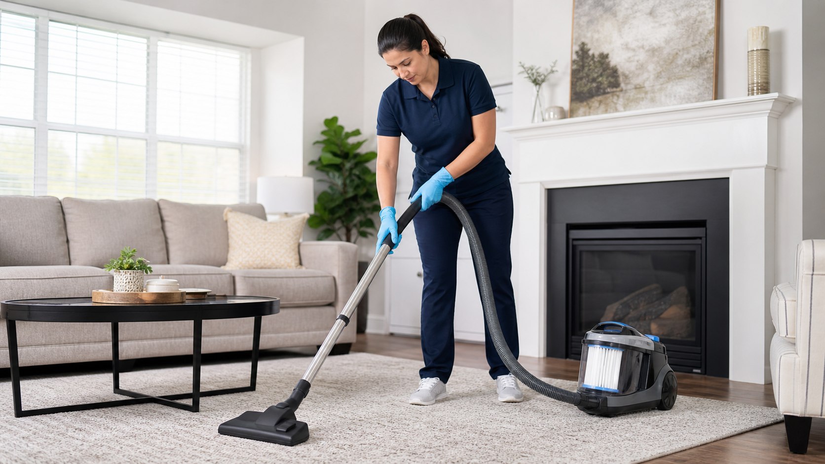 Professional maid vacuuming residential living room rug during standard home cleaning.