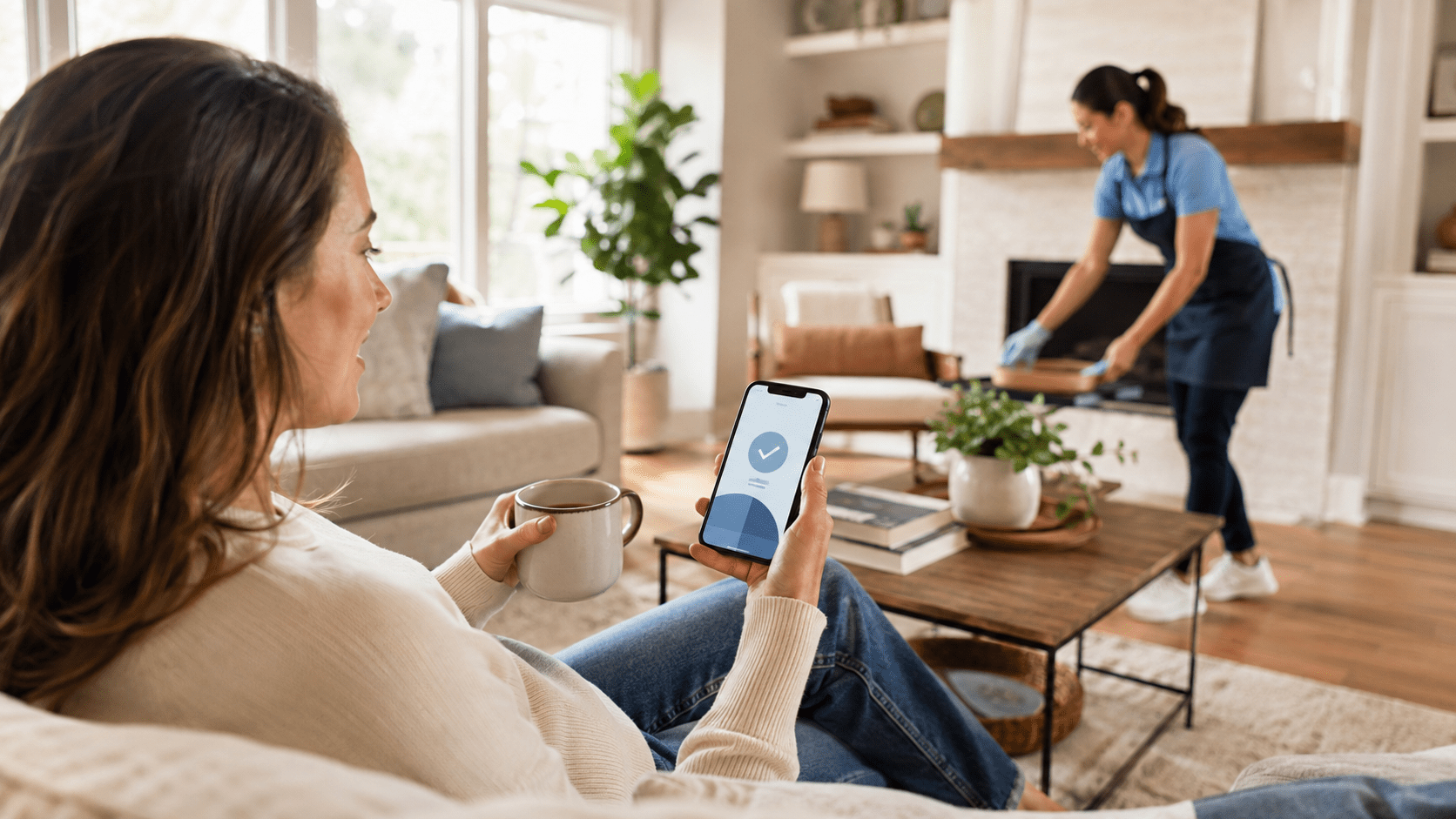 relaxed-homeowner-with-cleaner-nearby