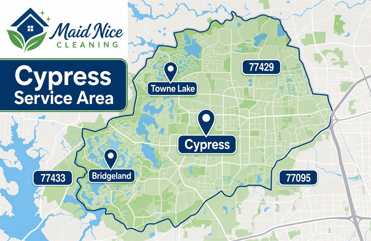 Maid Nice Cleaning service area map for Cypress TX neighborhoods including Towne Lake and Bridgeland