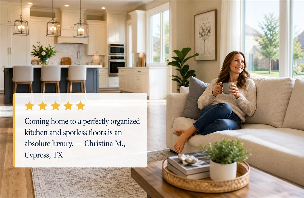 Happy homeowner in Cypress Texas enjoying a clean home by Maid Nice Cleaning
