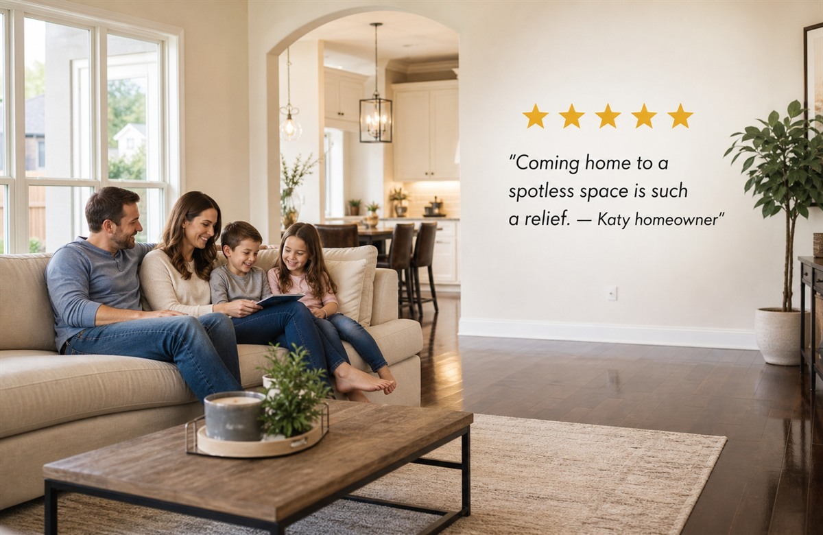 Happy homeowner in Katy Texas enjoying a clean home by Maid Nice Cleaning