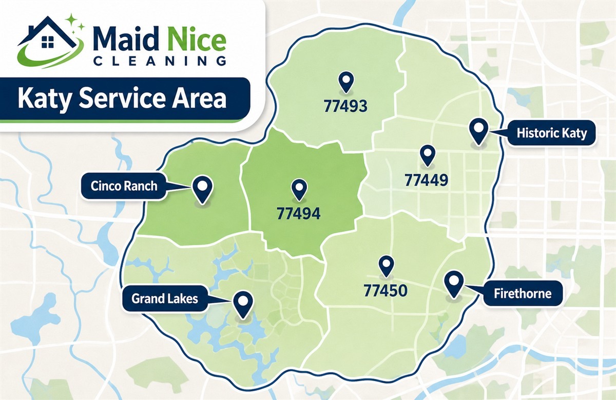 Maid Nice Cleaning service area map for Katy TX neighborhoods including Cinco Ranch